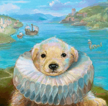 a painting of a puppy wearing a ruff and collar