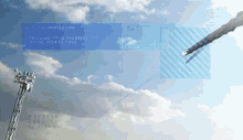 a rocket is flying through a blue sky with the words sai on the top