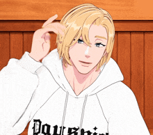 a drawing of a man wearing a hoodie that says doughnut