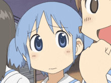 a close up of a cartoon character with blue hair and blue eyes