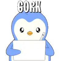 a penguin holding a tablet with the word cork written on it