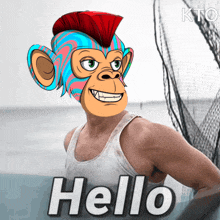 a man with a colorful monkey mask on his face says hello