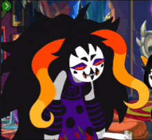a cartoon character with orange and black hair and a purple dress
