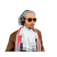 a man wearing sunglasses and headphones is dressed in a historical costume