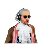a man wearing sunglasses and headphones is dressed in a historical costume