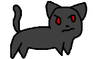 a cartoon drawing of a black cat with red eyes laying down on a white background .