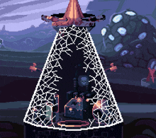 a pixel art drawing of a tower with a skull on top