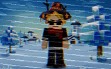 a cartoon character with a bow and arrow is standing in a snowy area