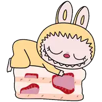 a cartoon character laying on a piece of cake with strawberries on it