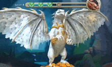 a white dragon is standing on a pile of gold in a video game