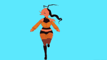 a girl in a yellow sweater and black shorts is standing with her arms outstretched on a blue background