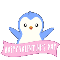 a penguin holding two pink hearts and a banner that says happy valentines day