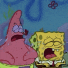 patrick star and spongebob squarepants are standing next to each other in a cartoon .