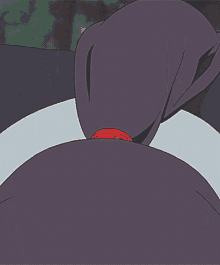 a close up of a person 's face with purple hair and red eyes