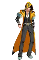 a pixel art of a man wearing a yellow coat