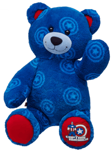 a blue teddy bear with the word captain america on its paw