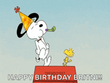 a cartoon of snoopy blowing a party horn with the words happy birthday britni