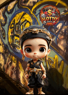 a cartoon character is standing in front of a wall with graffiti and a balloon that says lotto