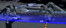 two robots are fighting each other in a video game in a dark room .