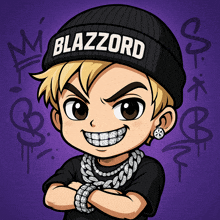 a cartoon character wearing a beanie that says blazzard on it