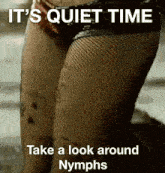 a picture of a woman 's legs with the words it 's quiet time take a look around nymphs