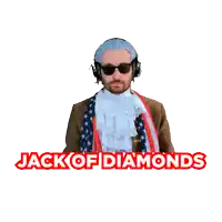 a man holding a playing card with the words jack of diamonds on the bottom