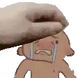 a hand is holding a cartoon character 's head who is crying and tears are coming out of his eyes .