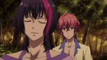 a girl with purple and pink hair stands next to a boy with red hair