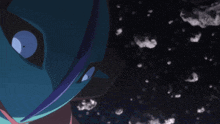 a close up of a cartoon character 's face with a blue eye