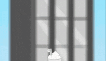 a cartoon of a cupcake with a straw in front of a jail cell window .