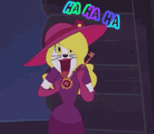 a cartoon character is laughing with a neon sign that says " ha ha ha "