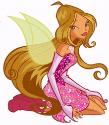 a cartoon girl with long hair and wings is wearing a pink dress