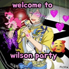 a picture of a man singing into a microphone with the words welcome to wilson party