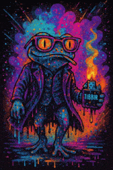 a colorful frog holding a lighter that says tibbir on it