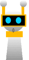 a cartoon drawing of a robot with a yellow headband and blue eyes