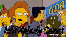 a group of cartoon characters are standing in front of a sign that says ' ha ! nobody cares ! '