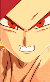 a close up of a cartoon character 's face with red eyes and a white smile