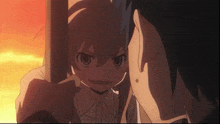 a man and a girl are looking at each other and the girl is holding a stick in her hand