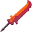 a pixel art illustration of a red and orange sword with a black handle on a white background .