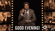 a man in a suit and tie says good evening in front of a collage of old movies