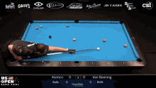 a pool table with the us open bank pool championship on the screen