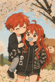 a boy is carrying a girl with a pacifier on her mouth