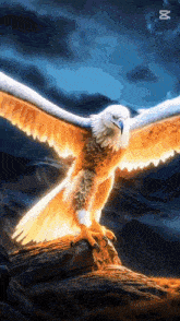 a bald eagle with its wings outstretched is sitting on a rock