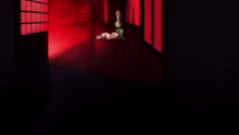 a person is laying on the floor in a dark room with red smoke coming out of the walls