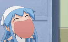 a cartoon character with blue hair and a white hat