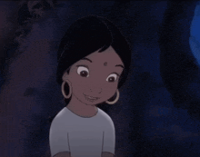 a cartoon girl wearing hoop earrings and a white shirt smiles