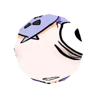 a close up of a cartoon character 's face with a purple and white circle around it