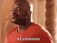 a bald man with a beard is wearing a red shirt and says kevinnnn