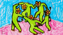 a colorful painting of a group of green people with flowers on their heads