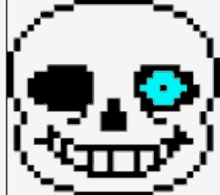 a pixel art of a skull with blue eyes and a smile .